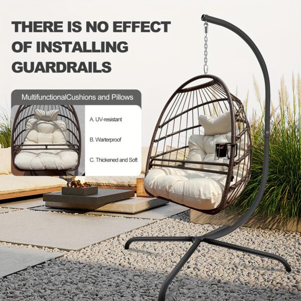 Swing Egg Chair with Stand, Hammock Chair, UV Resistant, Hanging Chair with Cushion, Guardrail, Cup Holder, Anti-Rust, Foldable Frame, 350lbs Capacity, for Porch Backyard,, Includes A Unique Design Cup Holder And Guardrail - Image 6