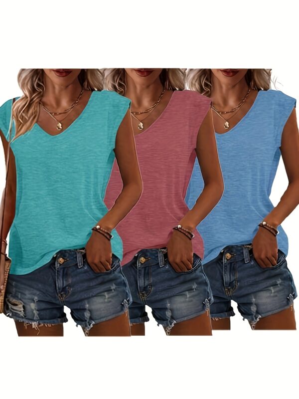 Women's 3pcs V-Neck T-Shirts - Casual Short Sleeve, Solid Color, Breathable Polyester Blend, Machine Washable - Perfect for Spring & Summer - Image 3