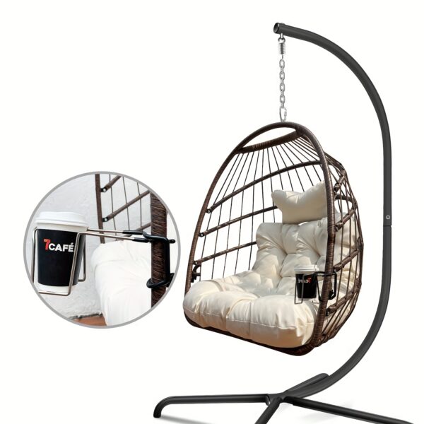 Swing Egg Chair with Stand, Hammock Chair, UV Resistant, Hanging Chair with Cushion, Guardrail, Cup Holder, Anti-Rust, Foldable Frame, 350lbs Capacity, for Porch Backyard,, Includes A Unique Design Cup Holder And Guardrail - Image 8