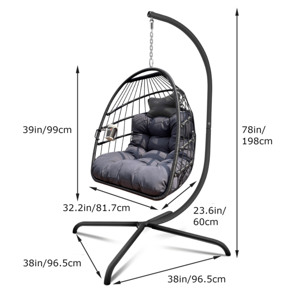 Swing Egg Chair with Stand, Hammock Chair, UV Resistant, Hanging Chair with Cushion, Guardrail, Cup Holder, Anti-Rust, Foldable Frame, 350lbs Capacity, for Porch Backyard,, Includes A Unique Design Cup Holder And Guardrail - Image 2