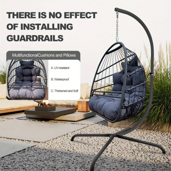 Swing Egg Chair with Stand, Hammock Chair, UV Resistant, Hanging Chair with Cushion, Guardrail, Cup Holder, Anti-Rust, Foldable Frame, 350lbs Capacity, for Porch Backyard,, Includes A Unique Design Cup Holder And Guardrail - Image 4