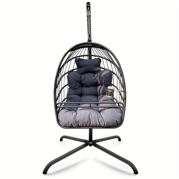 Swing Egg Chair with Stand, Hammock Chair, UV Resistant, Hanging Chair with Cushion, Guardrail, Cup Holder, Anti-Rust, Foldable Frame, 350lbs Capacity, for Porch Backyard,, Includes A Unique Design Cup Holder And Guardrail