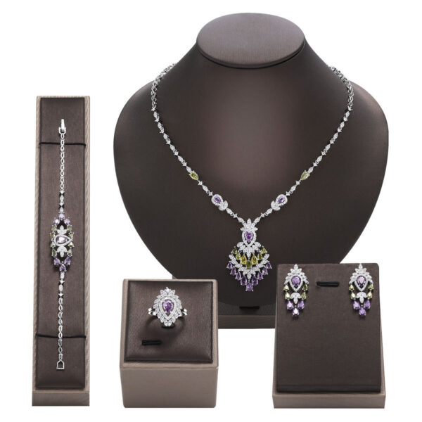 Color Zirconium Necklace Earrings 4-piece Set - Image 2