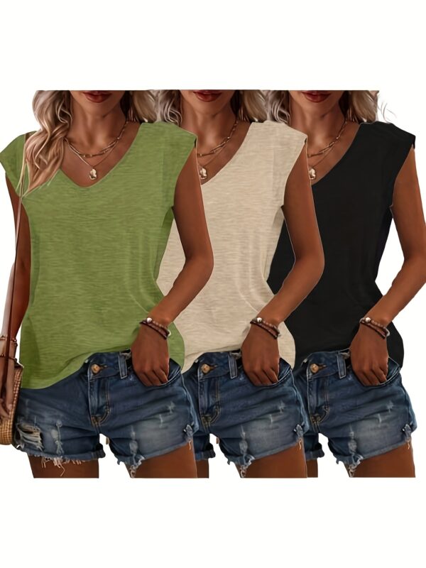 Women's 3pcs V-Neck T-Shirts - Casual Short Sleeve, Solid Color, Breathable Polyester Blend, Machine Washable - Perfect for Spring & Summer - Image 5