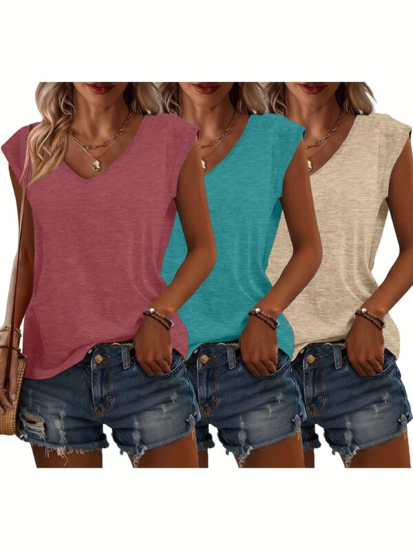 Women's 3pcs V-Neck T-Shirts - Casual Short Sleeve, Solid Color, Breathable Polyester Blend, Machine Washable - Perfect for Spring & Summer - Image 2