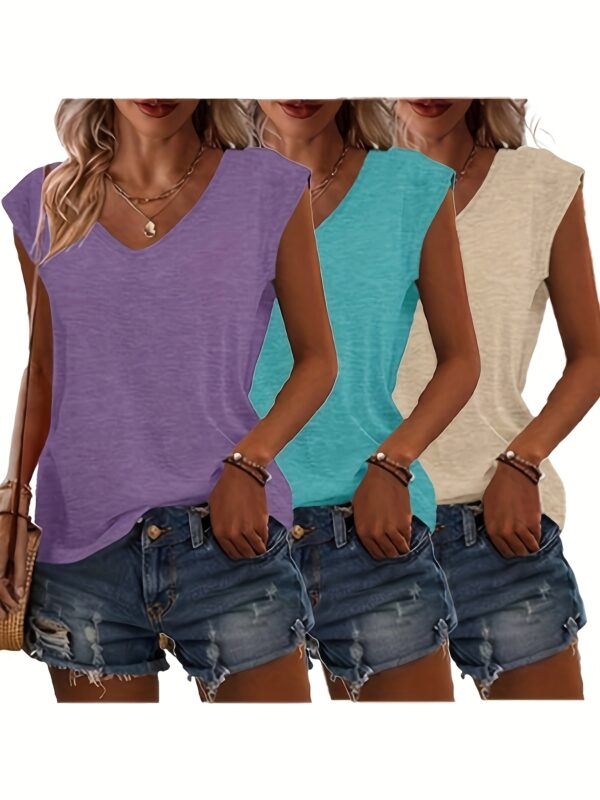 Women's 3pcs V-Neck T-Shirts - Casual Short Sleeve, Solid Color, Breathable Polyester Blend, Machine Washable - Perfect for Spring & Summer - Image 6