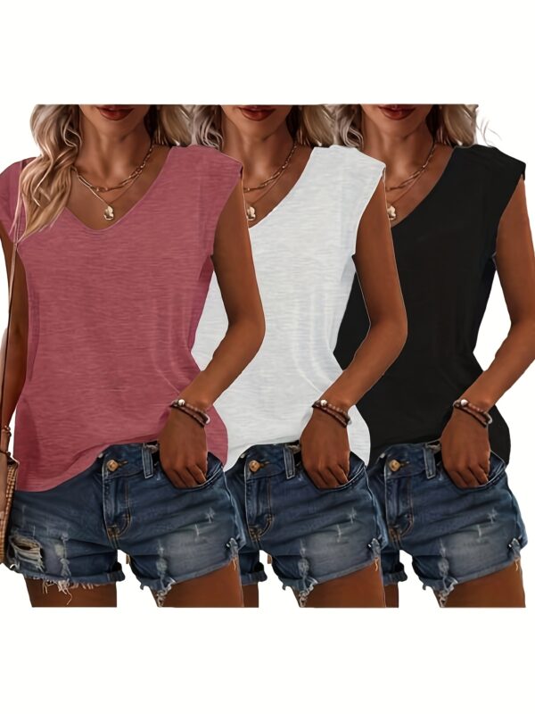 Women's 3pcs V-Neck T-Shirts - Casual Short Sleeve, Solid Color, Breathable Polyester Blend, Machine Washable - Perfect for Spring & Summer - Image 4