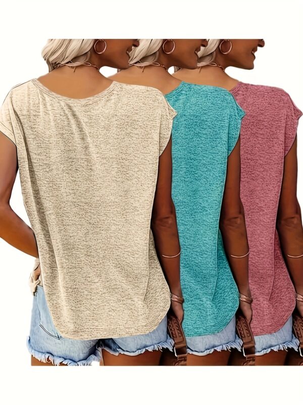 Women's 3pcs V-Neck T-Shirts - Casual Short Sleeve, Solid Color, Breathable Polyester Blend, Machine Washable - Perfect for Spring & Summer - Image 7