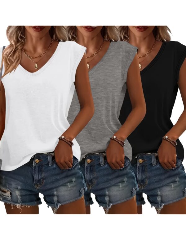Women's 3pcs V-Neck T-Shirts - Casual Short Sleeve, Solid Color, Breathable Polyester Blend, Machine Washable - Perfect for Spring & Summer