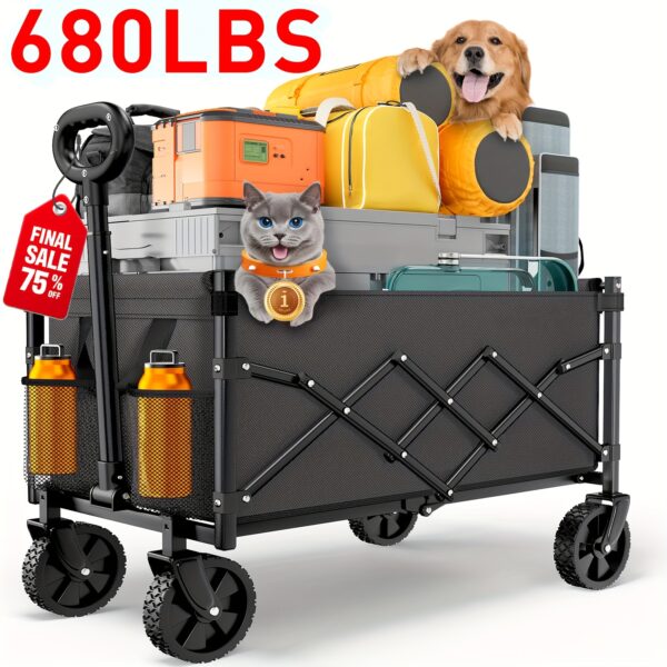 680-230LBS Foldable Wagon with Extended Tailgate: Collapsible Large Capacity Folding Wagon - Heavy Duty Utility Carts for Shopping, Garden, Sports, Groceries, Apartment, Camping, Outdoor - Black