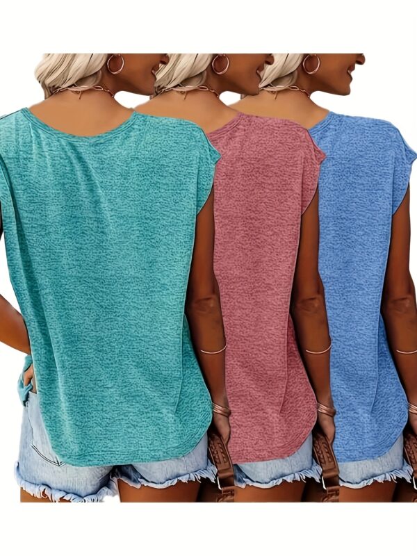 Women's 3pcs V-Neck T-Shirts - Casual Short Sleeve, Solid Color, Breathable Polyester Blend, Machine Washable - Perfect for Spring & Summer - Image 9