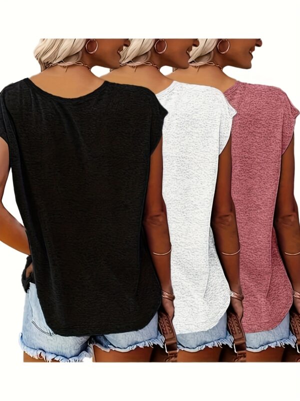 Women's 3pcs V-Neck T-Shirts - Casual Short Sleeve, Solid Color, Breathable Polyester Blend, Machine Washable - Perfect for Spring & Summer - Image 10