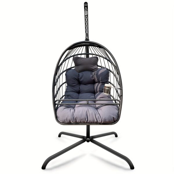 Swing Egg Chair with Stand, Hammock Chair, UV Resistant, Hanging Chair with Cushion, Guardrail, Cup Holder, Anti-Rust, Foldable Frame, 350lbs Capacity, for Porch Backyard,, Includes A Unique Design Cup Holder And Guardrail - Image 7