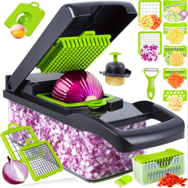 16-in-1 Vegetable Chopper, Professional Onion Chopper, Multifunctional Food Chopper, Kitchen Vegetable Slicer and Dicer, Vegetable Chopper with 8 Blades, Carrot Chopper with Container - Image 3
