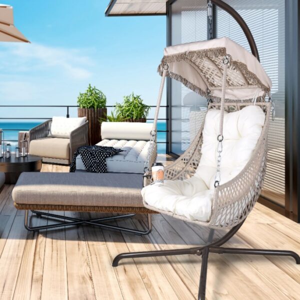 Indoor And Outdoor Swing Egg Chair With Stand, Beige UV Protection Cushion Hanging Chair With Cup Holder - Image 2